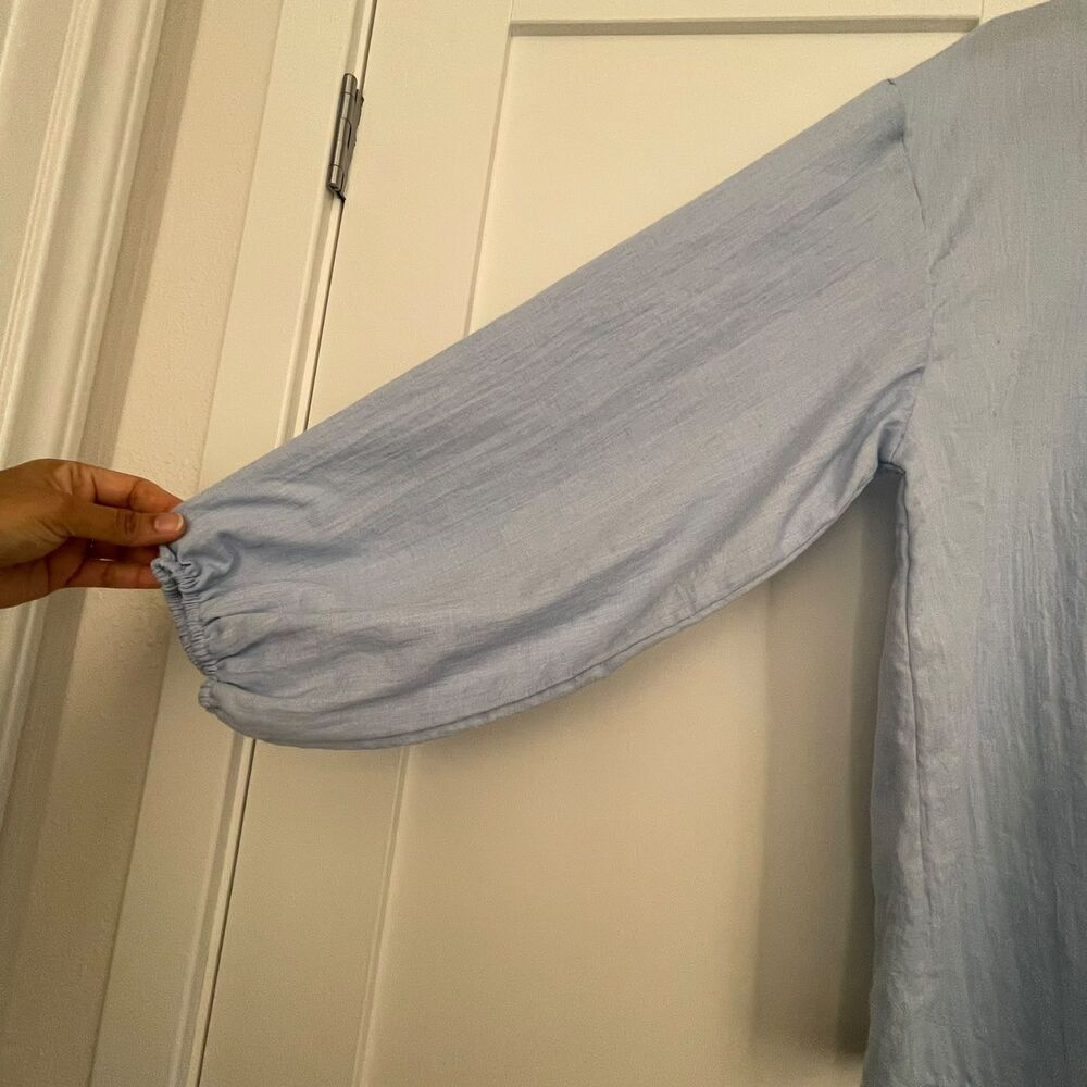Womens XL Light Blue 100% Linen Split V-Neck Long Sleeve Blouse Top Extra Large - Picture 6 of 9